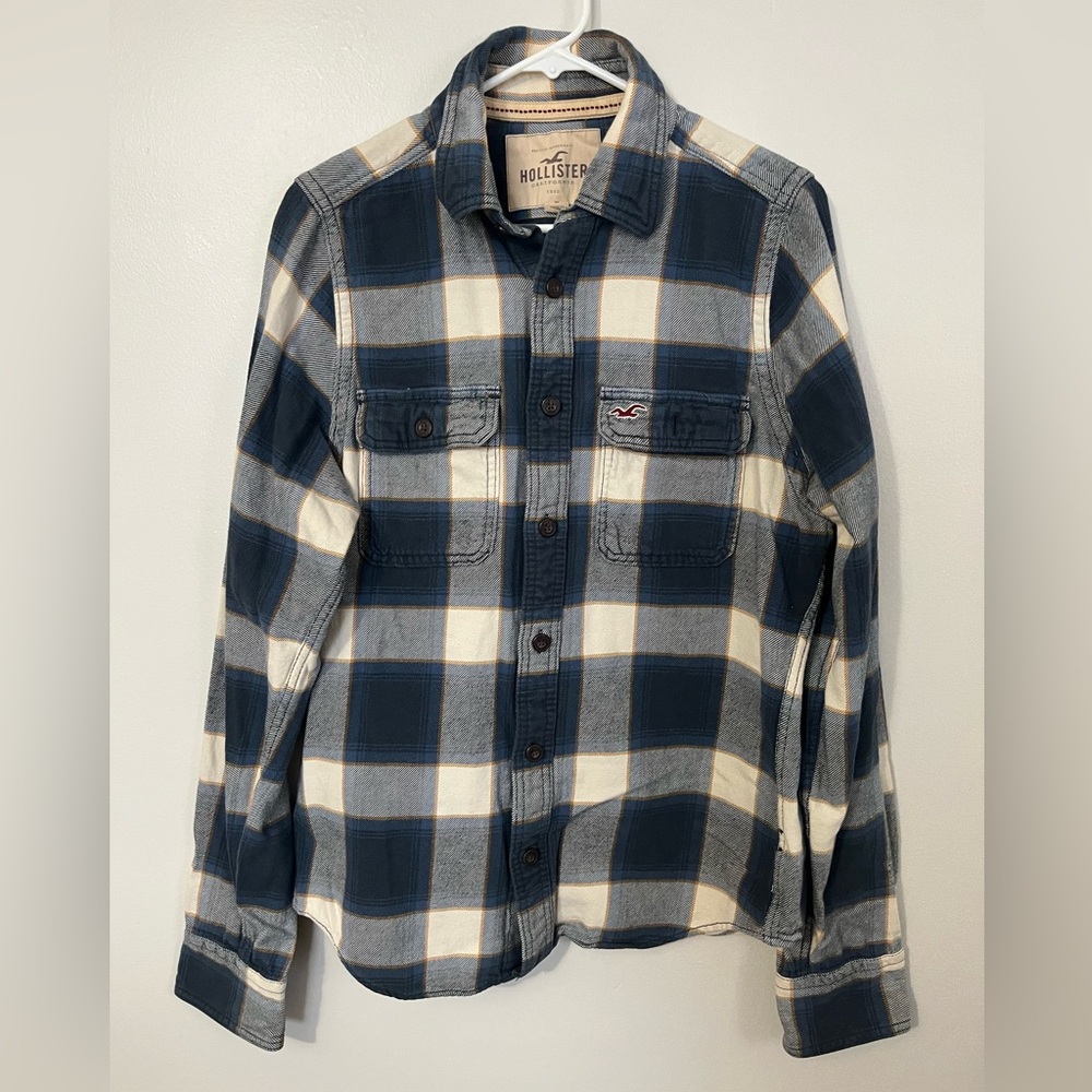 100% Cotton Hollister Men's Blue, Cream & Tan Plaid Shirt
